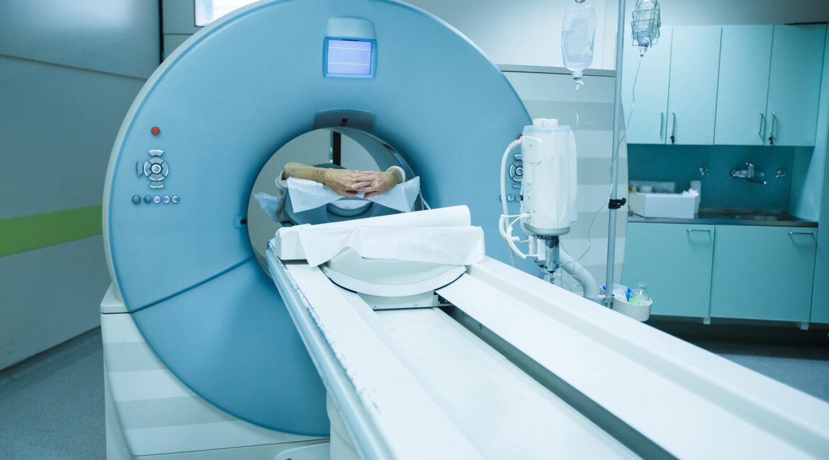 CT scanner in a hospital, patient being scanned